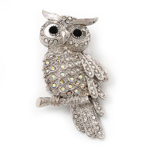 [Australia] - Avalaya Sparkling AB Crystal Owl Brooch (Silver Tone Metal) - 50mm L 