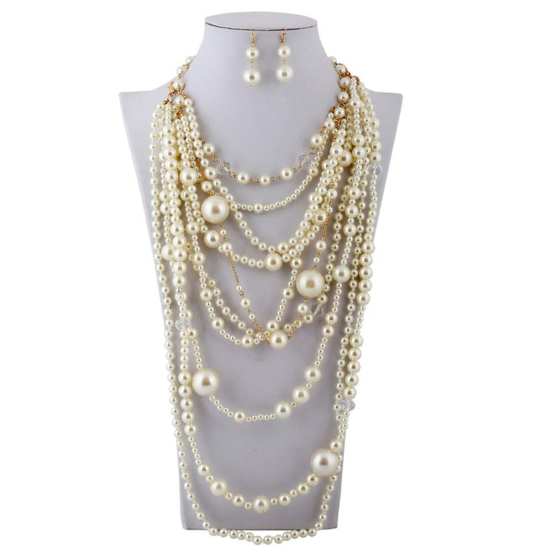 [Australia] - Thkmeet Fashion Multilayer Strand Simulated Pearl Statement Necklace and Earrings Set Women Long Sweater Chain Choker Necklace¡­ gold 