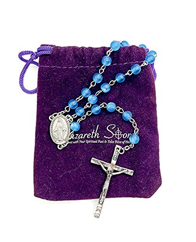 [Australia] - Nazareth Store Rosary Necklace 7mm Round Light Blue Beads Turquoise Cat Eye Stone Miraculous Medal with Crucifix - Velvet Bag 