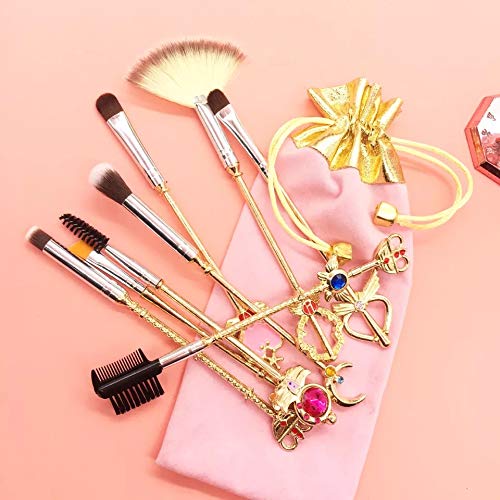 [Australia] - 8pcs Sailor Moon Gold Makeup Brush Set With Pink Pouch,Magical Girl Cute Cosmetic Makeup Brushes For Eyebrow Face Powder Foundation Blending Blush Concealer With Cute Pink Bag 