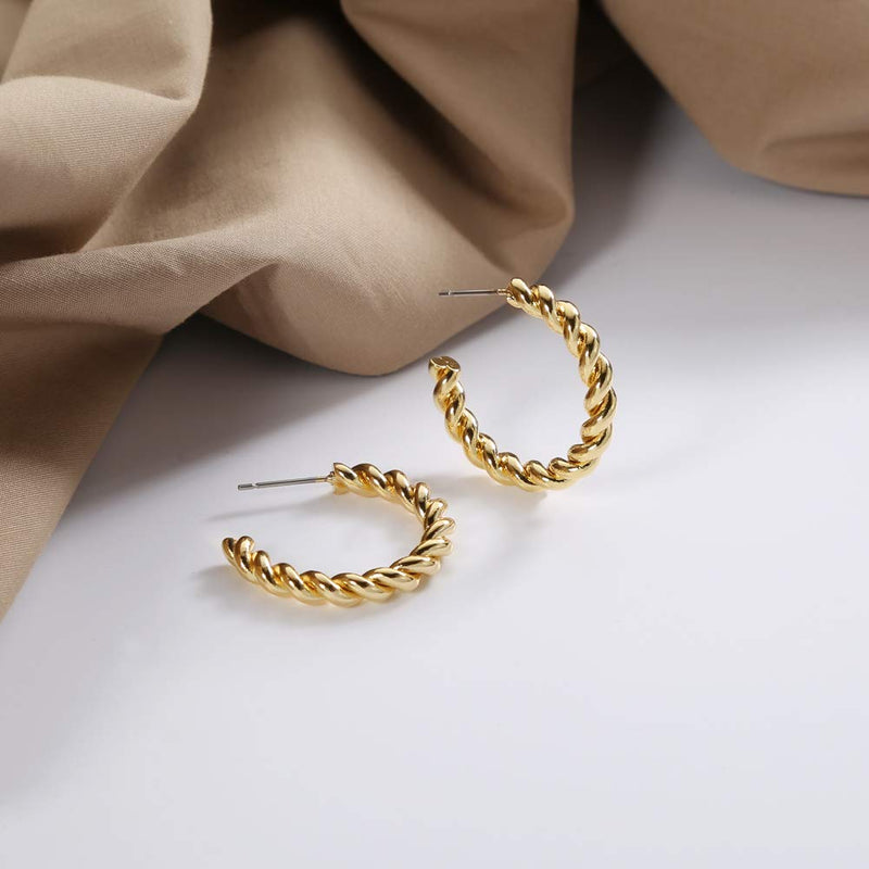 [Australia] - Twisted Chunky Hoop Earrings 14K Gold Plated Dainty Lightweight Hypoallergenic Open Hoops Earrings for Women Gift Gold Twist B 