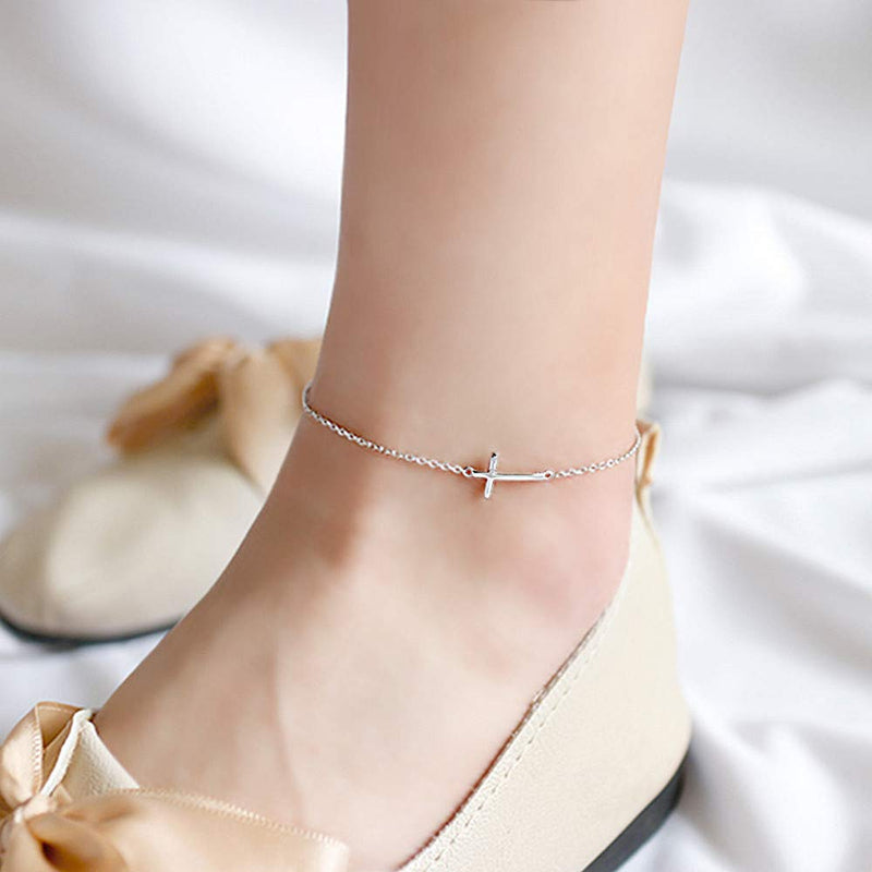 [Australia] - Cross Anklets for Women Teen Girls Men 925 Sterling Silver White Gold Plated Sideways Cross Adjustable Chain Classic Dainty Charm Foot Anklet Bracelet Baptism Birthday Gift Jewelry 
