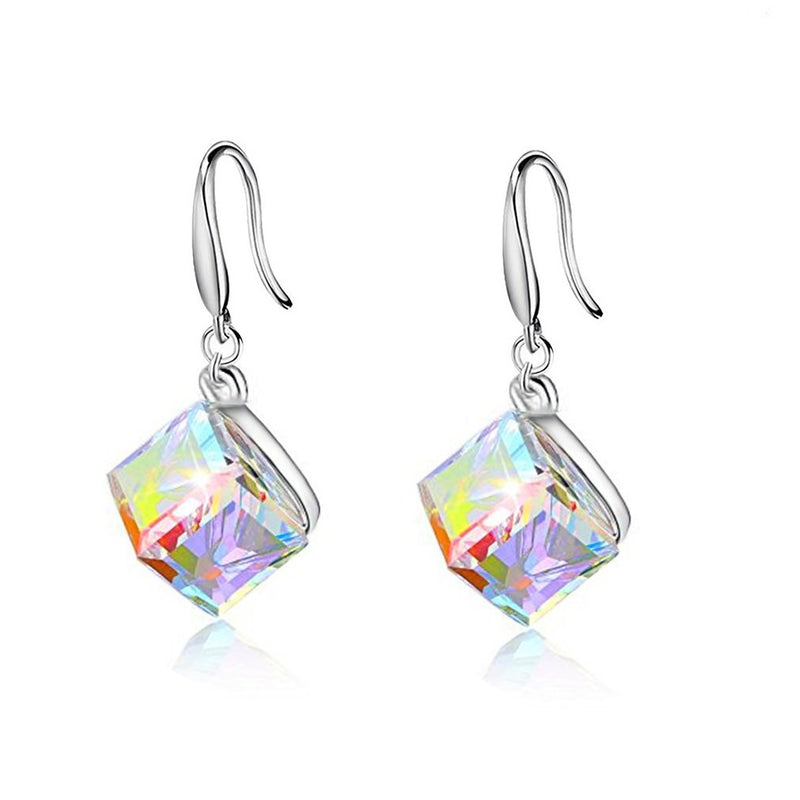 [Australia] - Uloveido Girl's Square Cube Authentic Austrian Crystal Hook Earrings and Rainbow Necklace Sets for Women - 925 Sterling Silver Wedding Engagement Jewelry Sets Box Packing Y418 Rainbow Set 