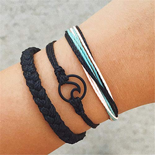 [Australia] - SOFTONES Boho Rope Ankle Bracelets for Women Waterproof Adjustable Braided Anklets for Teen Girls - Turtle|Wave|Beads|Infinite|Starfish|Boat Anchor 3pcs-Anklet#3-Black Wave 