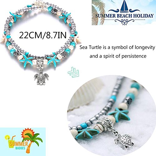 [Australia] - Zoestar Boho Starfish Turtle Anklet Ankle Bracelet Beaded Foot Accessories Double Layer Jewelry for Women and Girls(Silver/1Pc) 