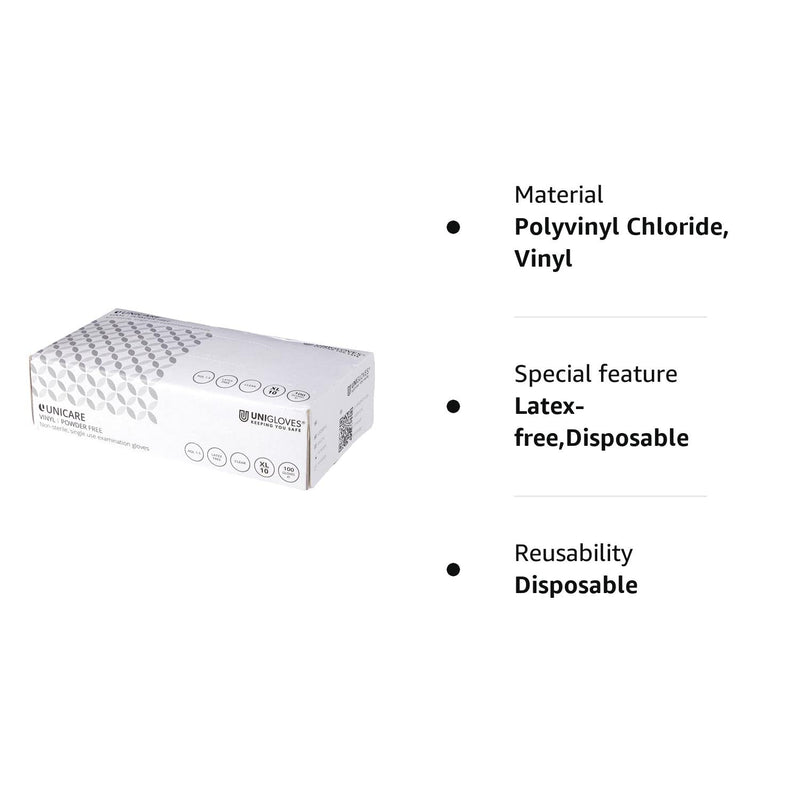[Australia] - Unigloves Unicare Clear Vinyl GS0065-A Examination - Multipurpose, Powder Free and Latex Free Disposable Gloves, Box of 100 Gloves, Clear, Extra Large XL 