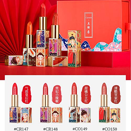 [Australia] - CATKIN Rouge Matte Lipstick 4PCS Set Waterproof Long Lasting Satin Nourish Moisturizing Smooth Soft 0.13 Ounce-Chinese Style Love Song 4PCS 