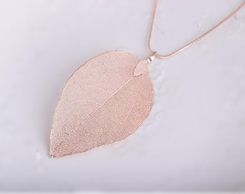 [Australia] - COLORFUL BLING Long Leaves Pendant Necklace Handmade Boho Leaf Sweater Chain Rose gold 