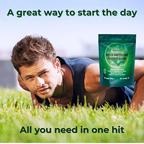 [Australia] - Super Greens Powder Blend - Vitamin Mineral Nutrient Rich - Immune System & Energy Boost - Vegan Vegetarian Superfoods Supplement Alkaline 100% Natural Gluten Free Detox- 250g 50 Servings, Evanmore 