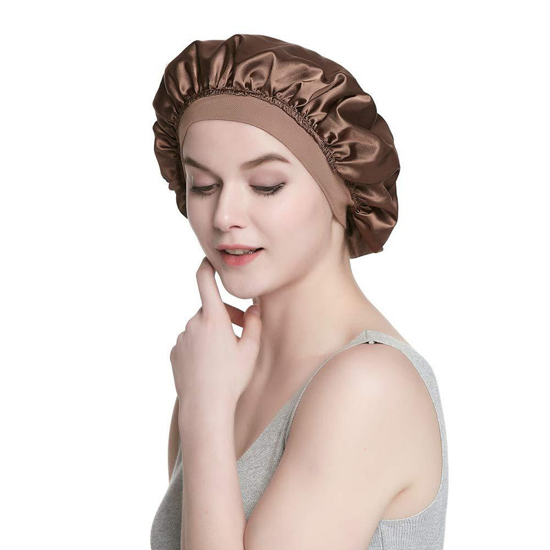 [Australia] - Alnorm Stylish Sleep Cap Silky Double-Layered Satin Bonnet Premium Wide Band Nightcap for Hair Beauty Women Headwear Brown(single layer satin cap) 