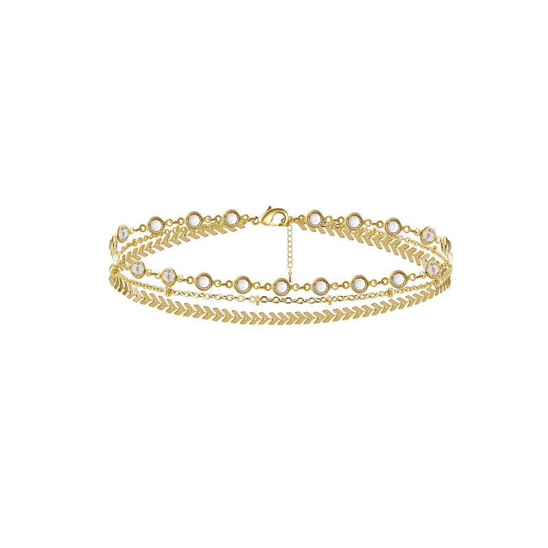 [Australia] - CHESKY 14K Gold/Silver Plated Heart Satellite Anklet Evil Eye Beaded Retangle Bar Ankle Bracelet Cuban Link Chain Crystal Leaf Fishbone Anklet for Women Girls Gold 3 Layered Crystal Leaf beaded 