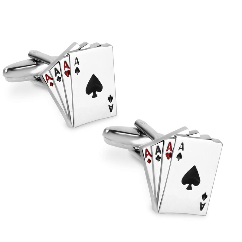 [Australia] - rhungift Cufflinks for Men- Brass Wedding Business Mens Gifts Playing Cards 4A Poker Shirts Silver -for Vegas Casino Night Event 