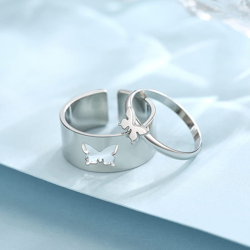 [Australia] - Butterfly Rings for Couples 18K White Gold Plated couple rings for him and her sets promise rings Wedding Engagement Bands Sets butterfly couple ring set Anniversary Birthday Gift A-Silver Butterfly Rings Set 