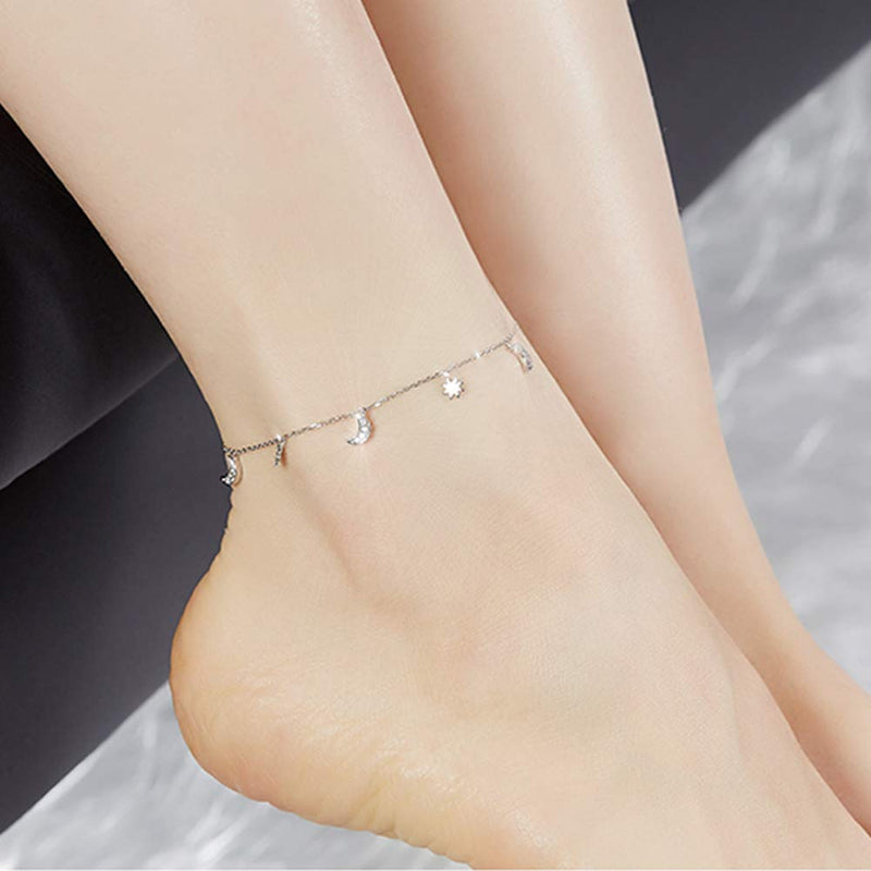 [Australia] - Dainty Star and Moon Anklet 925 Sterling Silver CZ Adjustable Charm Beach Foot Anklets Bracelet for Women Girls 