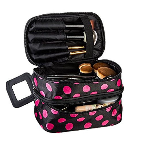 [Australia] - Cosmetic Bag MakeUp Case Double Layer Dot Pattern Portable Waterproof Wear Resistance Durable With 2 Zipper Holder With Mirror Travel Toiletry Bag Organizer (Black Rose) Black Rose 