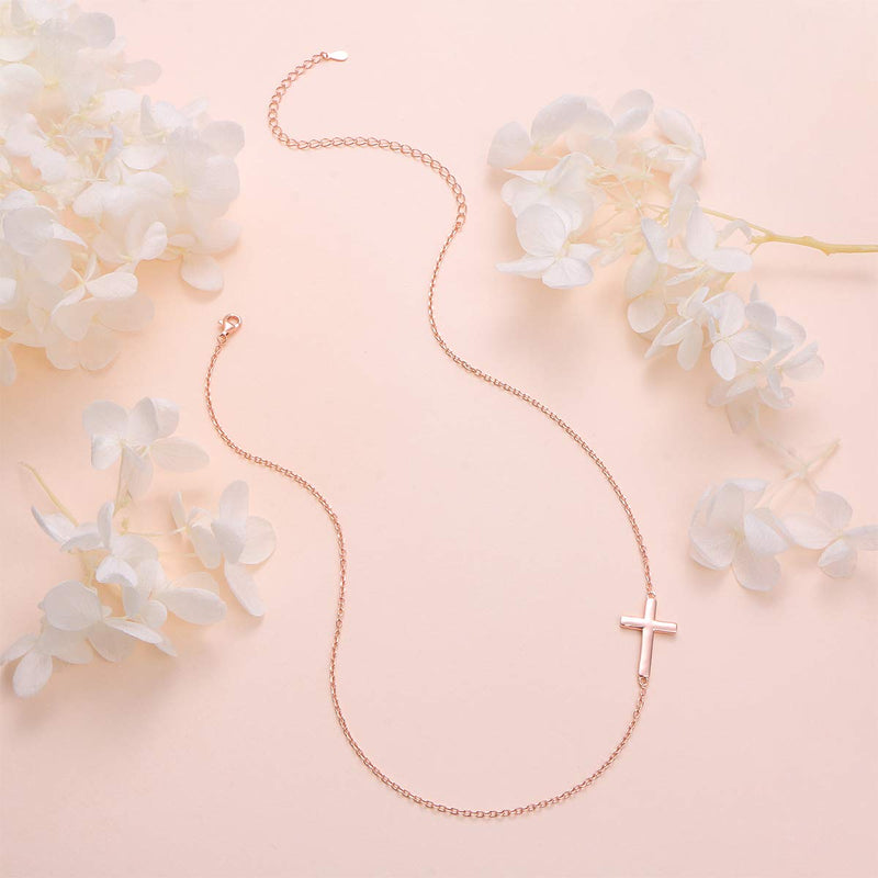 [Australia] - S925 Sterling Silver Jewelry Sideways Cross Choker Necklace 14 inches to 18 inches Rose gold-tone 