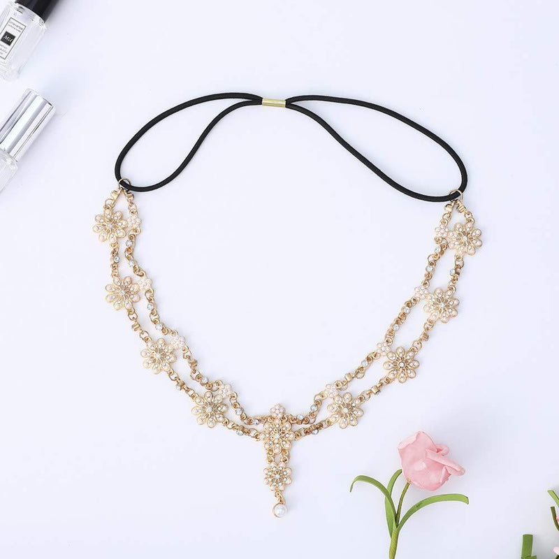 [Australia] - Jovono Boho Flower Head Chain Gold Pearl Headband Bead Hair Accessories for Women and Girls 