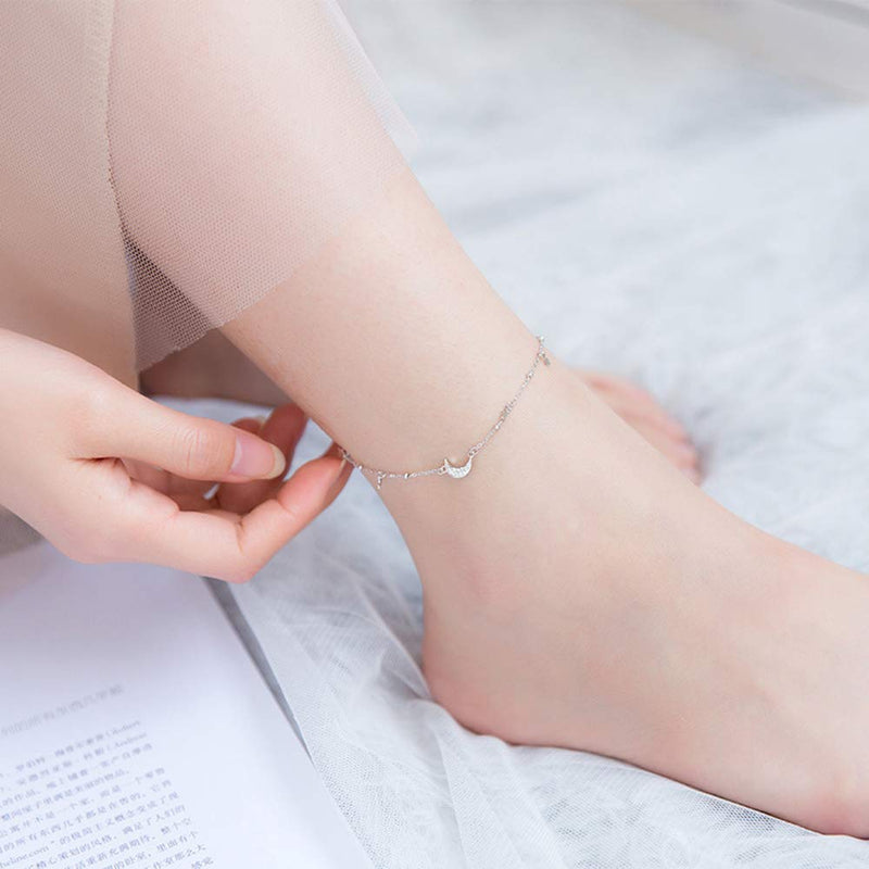 [Australia] - Dainty Star Crescent Moon Anklet Sterling Silver 925 Dangling Charm CZ Crystal Adjustable Foot Ankle Bracelet Sandbeach Party Foot Chain Summer Jewelry Gifts for Women Girls BFF 