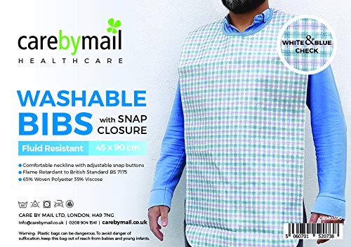 [Australia] - CarebyMail Healthcare Large Adult Washable Mealtime Bibs | Extra Long Fluid Resistant Dining Bib for Men & Women (White & Blue Check) White & Blue Check 