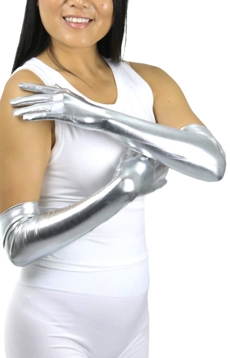 [Australia] - ToBeInStyle Women’s Above Albow Long Metallic Shiny Wet Look Novelty Gloves One Size Regular Silver 