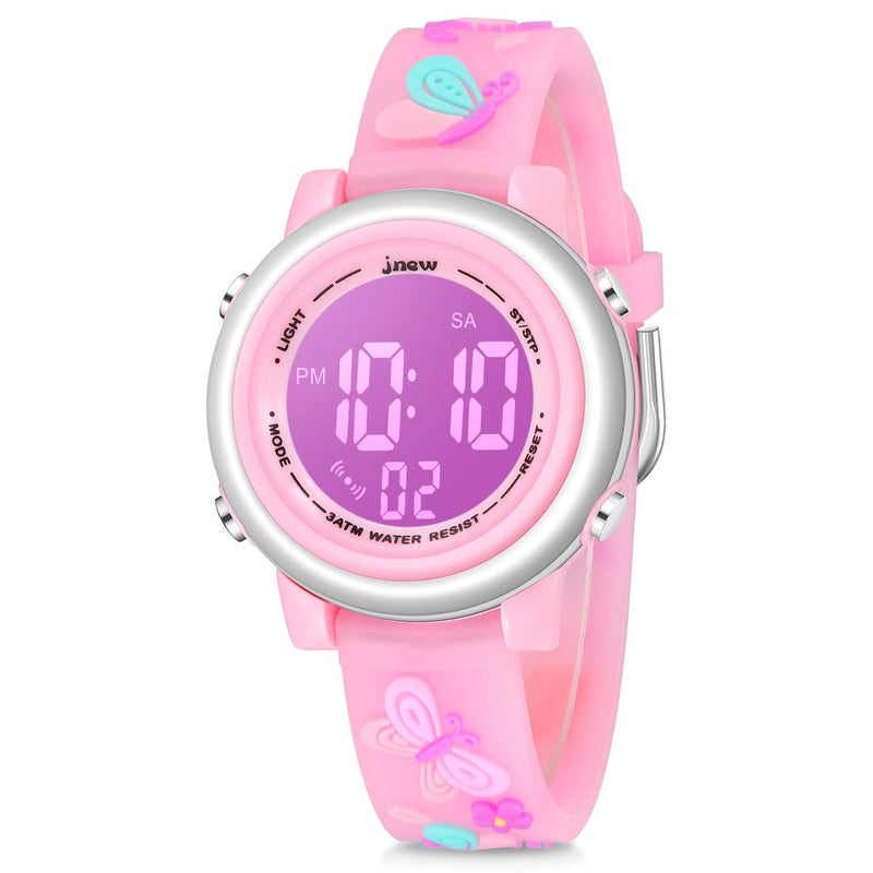 [Australia] - Jianxiang Kids Digital Sport Watches for Girls Boys, Waterproof Outdoor LED Timer with 7 Colors Backlight 3D Cartoon Silicone Band Child Wristwatch A-Butterfly Pink 