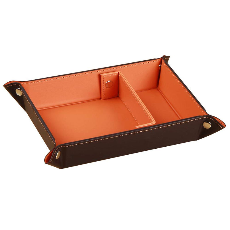[Australia] - YAPISHI Valet Tray for Men Leather Big Entryway Key Dish Bedside Catchall Bowl 2 Dividers Travel Nightstand Organizer Caddy for Wallet Coins Dice Watch Candy, Sundries Holder for Beside Table (Orange) Orange 