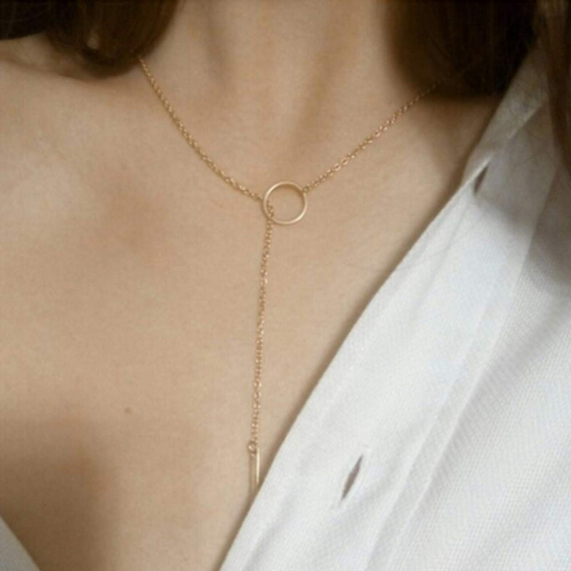 [Australia] - 2Pcs Y Pendant Necklace Bar Earring Set Lariat Necklace Long Stick Drop Dangle Earring For Women Gold circle set 