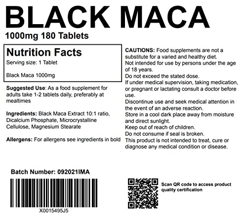 [Australia] - Black Maca Root 1000mg 180 Tablets Supplement UK Made. Pharmaceutical Grade Energy, Fertility and Mood 