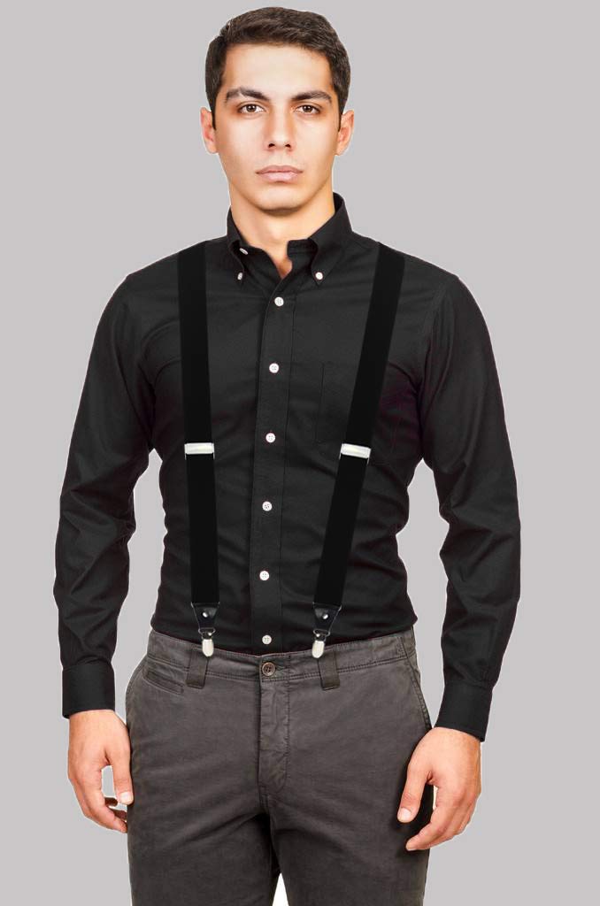 [Australia] - Men's Y-Back 1.4 Inches Wide 4-Clips Adjustable Suspenders Black 