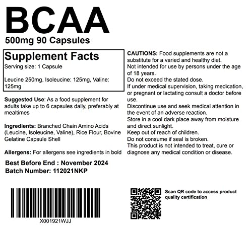 [Australia] - BCAA - Branch Chain Amino Acids 500mg 90 Capsules - Muscle Building and Strength gain Supplement UK Made. Pharmaceutical Grade 