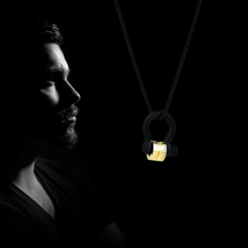 [Australia] - BUVE Stainless Steel Interchangeable Ring & Clamp Pendant Necklace W/ 26 Inch Rolo Chain Gold & Black 