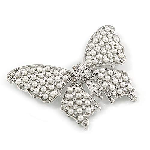 [Australia] - Avalaya Large Faux Glass Pearl, Clear Crystal Butterfly Brooch in Rhodium Plating - 70mm Across 