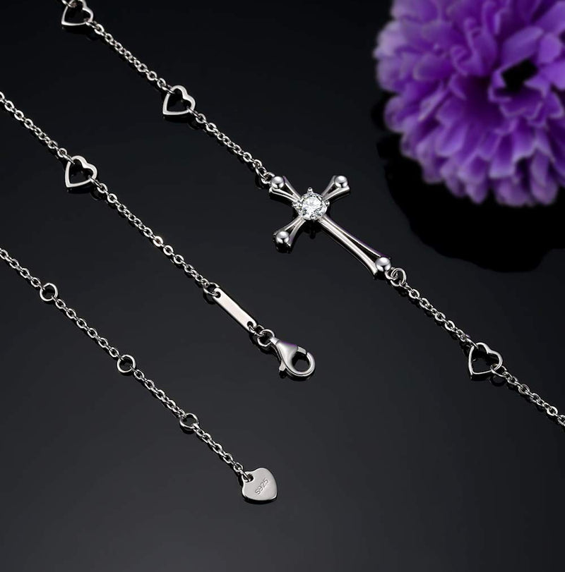 [Australia] - OneSight Cross Ankle Bracelet for Women, 925 Sterling Silver Charm Adjustable Foot Anklet, Large Cross Bracelet One Cubic Zirconia Cross 