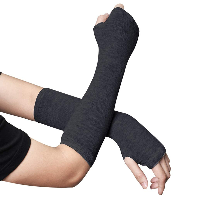 [Australia] - LassZone Women's Elbow Length Knitted Arm Warmers Long Thin Fingerless Thumb Hole Gloves Fashion Mittens Dark Grey 