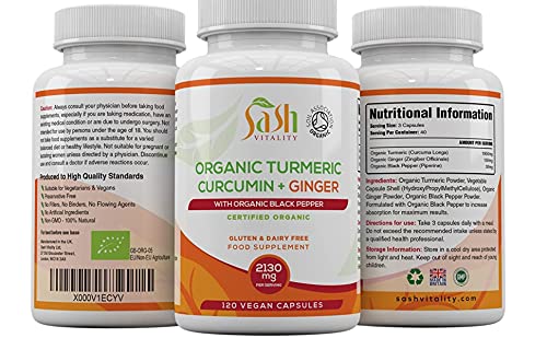 [Australia] - Organic Turmeric Curcumin 2130mg with Black Pepper & Ginger - 120 Vegan Turmeric Capsules High Strength - Immune System Support - Soil Association Certified Organic - UK Made Sash Vitality 