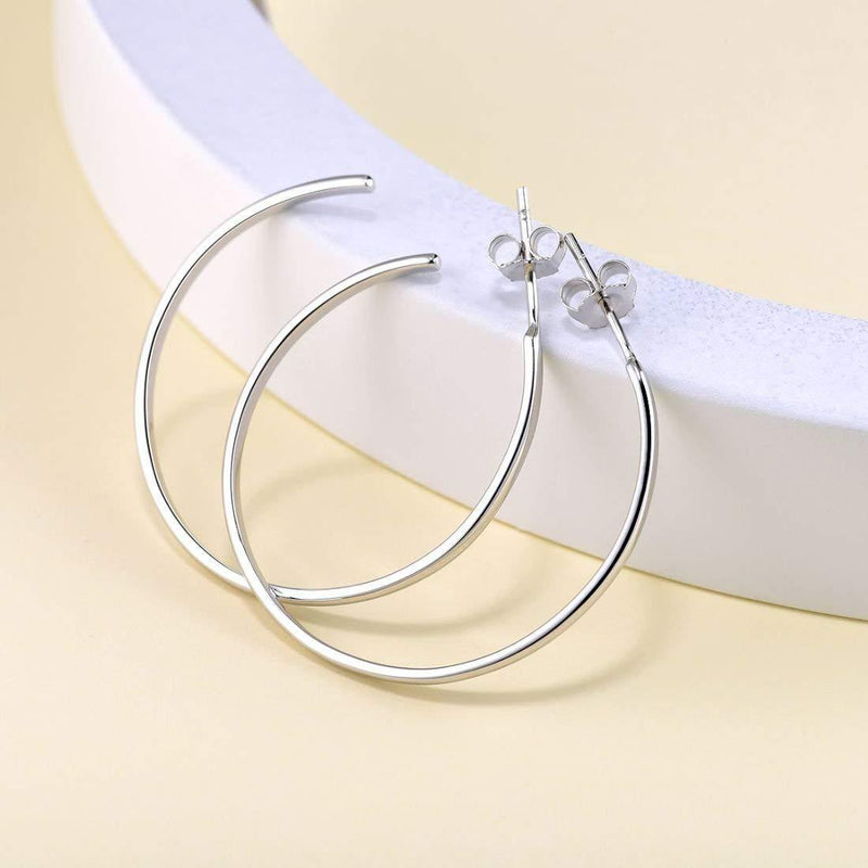 [Australia] - White Gold Plated 925 Sterling Silver High-Polished/Hammered Piercing Open Half Hoop Earrings Large Creole Stud Earrings for Women - Diameter 36 mm Flat Edge 