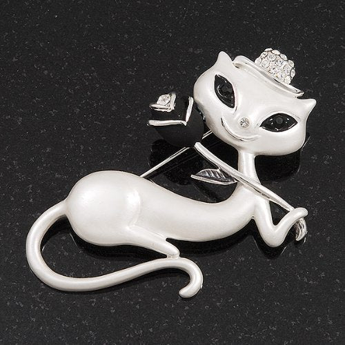 [Australia] - White Matte Enamel 'Lady Cat With Black Rose' Brooch In Silver Tone Metal - 5.5cm Length 
