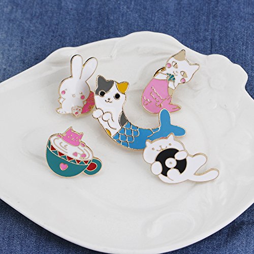 [Australia] - WINZIK Lapel Pins Set Novelty Cute Cartoon Brooch Badges for Children Adults Clothes Backpacks Decor Cute Cat Mermaid Rabbit Pins Set of 5 