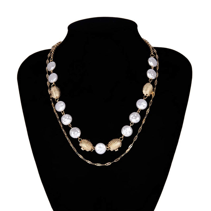 [Australia] - Jakawin Pearl Layered Necklace Shell Gold Multi-layered Necklaces Adjustable Chain for Women and Girls NK156 