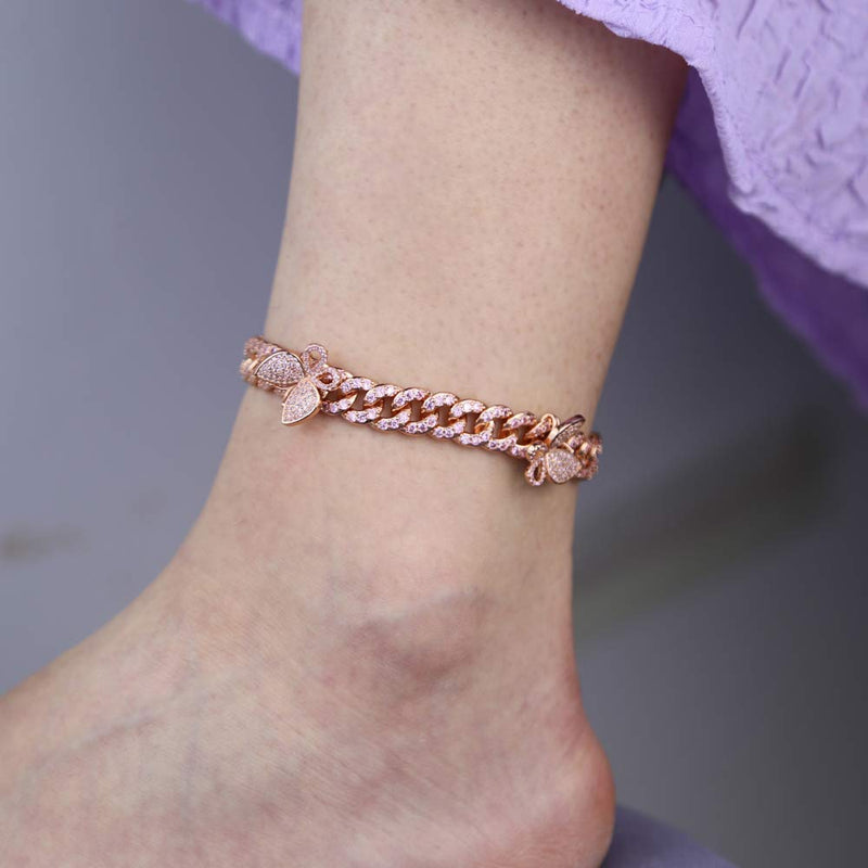 [Australia] - 2020 Summer New Iced Out Silver Color 10mm CZ Cuban Link Chain Butterfly Anklet For Women 9.0 Inches rose gold plated 