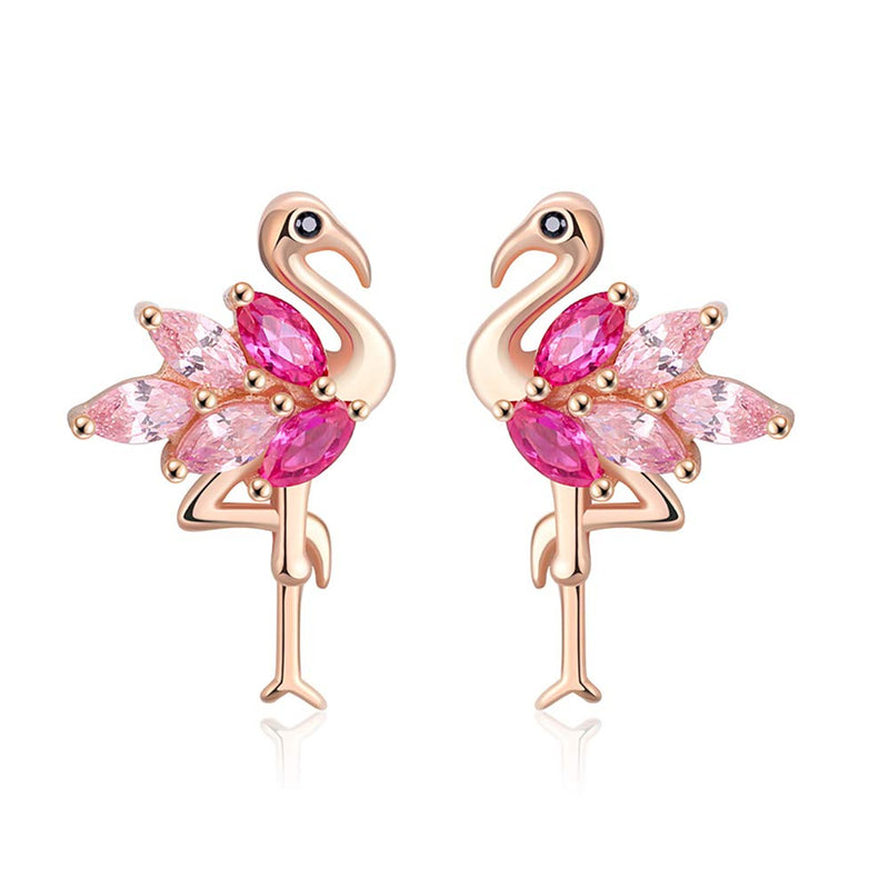 [Australia] - Pink Flamingo Bird Shape Rose Over Sterling Silver Pink CZ Stud Earrings Pendant Necklace for Women Girls Teens by Ginger Lyne Set 