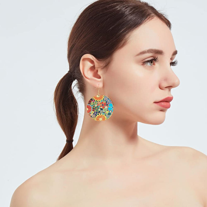 [Australia] - Gold Round Flower Disc Drop Dangle Earrings for Women Girls with Charms Boho Circle Ball Disk Blossom Spring Big Statement Dangling Hook Stud Earring Exaggerated Y2K Jewelry 