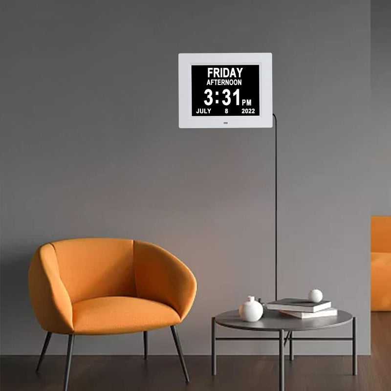 [Australia] - LaMi 2022 【Upgraded】 8 Inch Digital Date Day and Time of Week Clock -8 Alarm Reminders,AM/PM ,Dementia Clocks with Extra Large Non-Abbreviated Day&Month for Seniors, Memory Loss, Alzheimer's ( White) 