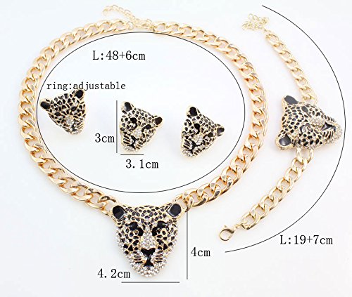 [Australia] - Cool Leopard Head Bracelet Earrings Necklace Ring Set 18k Gold Plated Rhinestone Chunky Curb Chain Costume African Jewelry Sets Jewelry Set 