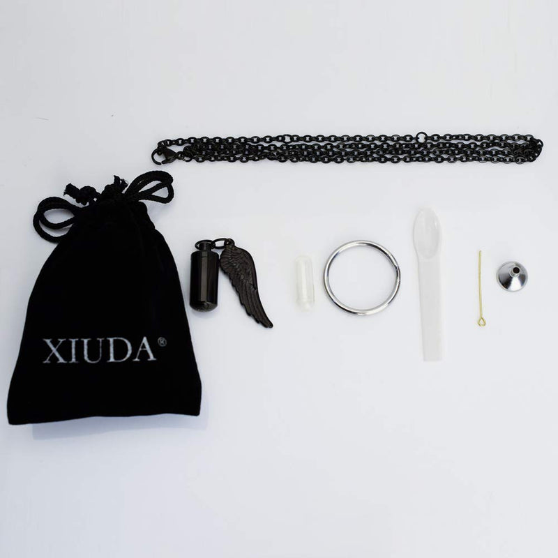 [Australia] - XIUDA Cremation Jewelry Urn Necklace for Ashes with Angel Wing Charm & Cylinder Eternity Stainless Steel s black non-engraving 