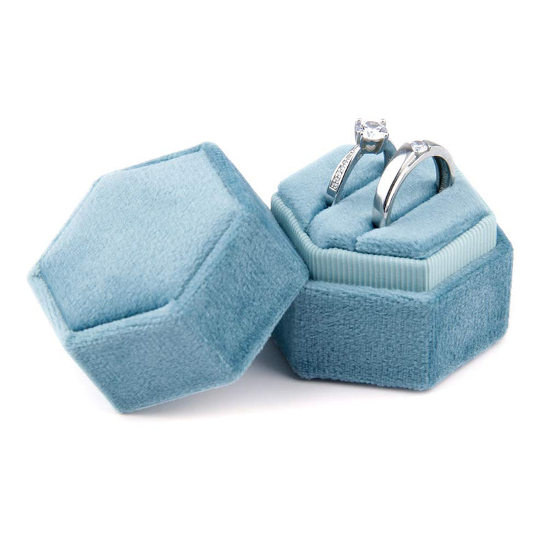 [Australia] - DesignSter Hexagon Velvet Ring Bearer Box - Premium Gorgeous Vintage Double Ring Display Holder with Detachable Lid for Proposal, Engagement, Wedding, Ceremony (Dark Blue) Dark Blue 