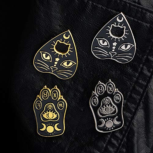 [Australia] - 2 Pcs/Set Gothic Black Cat Pet Paw Brooch Enamel Witch Magic Cat Mystical Footprints Triple Moon Star Goddess Brooches Pin Sets Badges for Women Jewelry Silver 