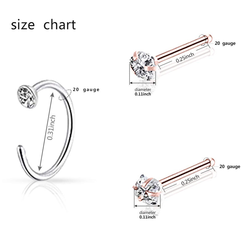 [Australia] - 20G Nose Rings Studs Silver and Black Surgical Steel Diamond for Women and Men(L & Bone & Screw Shaped)… L shaped + hoop 