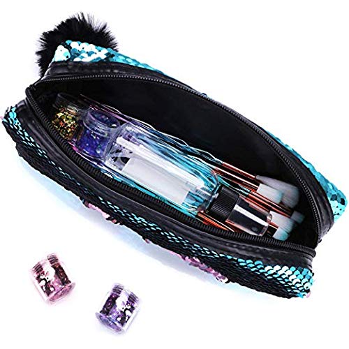 [Australia] - Glitter Cosmetic Bag Mermaid Spiral Reversible Sequins Portable Double Color Students Pencil Case for Girls Women Handbag Purse Make Up Pouch with Pompon Zip Closure(Blue+Pink) 