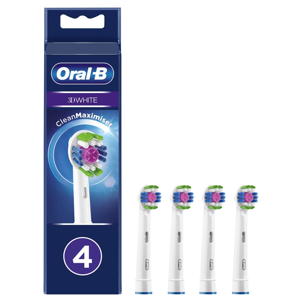 [Australia] - Oral-B 3D White Electric Toothbrush Head with CleanMaximiser Technology, Angled Bristles for Deeper Plaque Removal, Pack of 4 Toothbrush Heads, White 